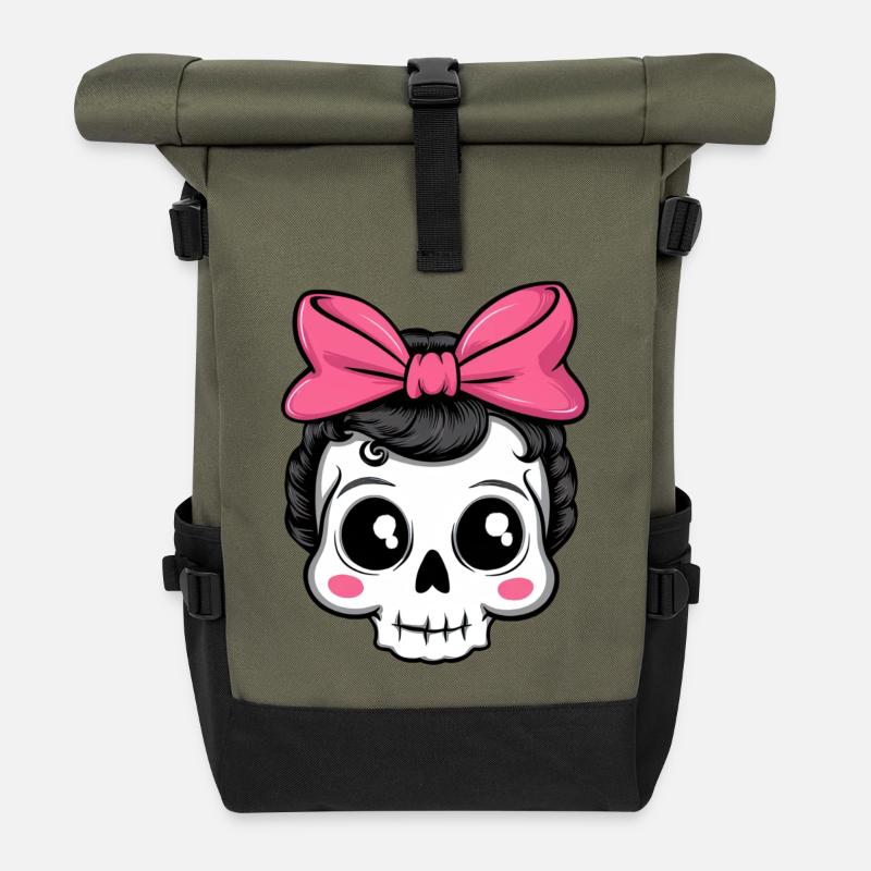 Cute 60s Rockabilly Skull - Roll Top Backpack - olive/black