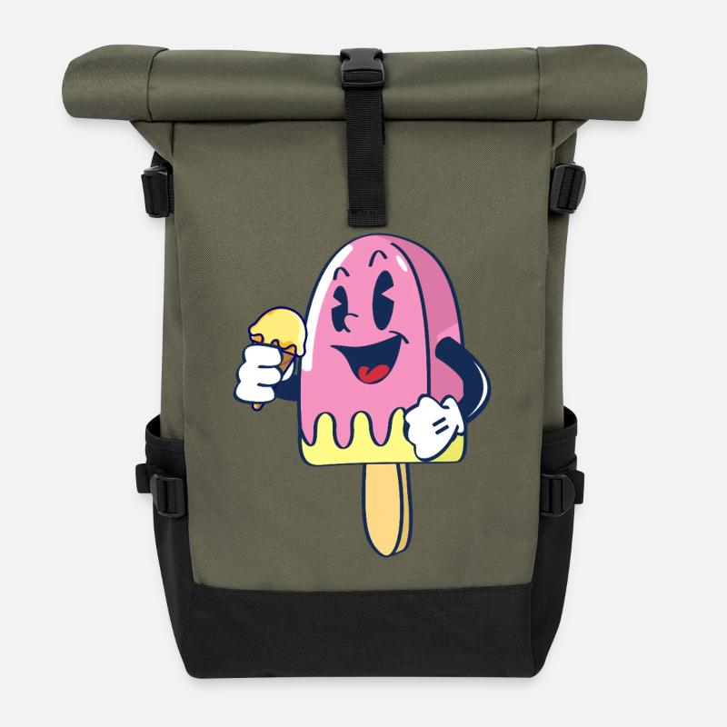 Fröhlicher Kindereis Charakter Eiscreme Eis - Rolltop Rucksack - Olive/Schwarz
