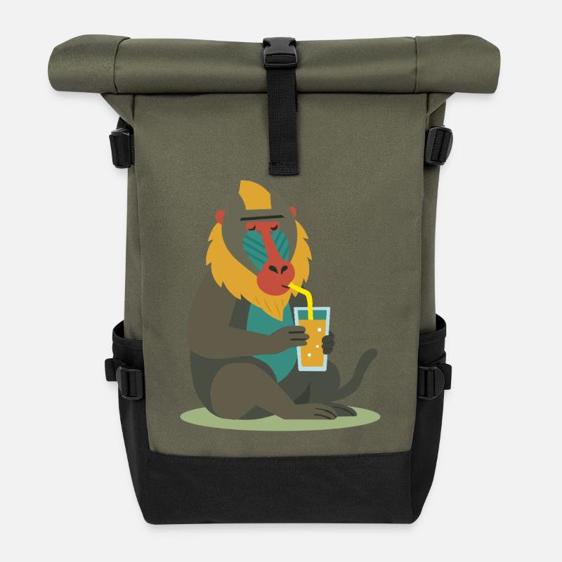 bunter Mandrill genießt entspannt ein Glas Saft - Rolltop Rucksack - Olive/Schwarz