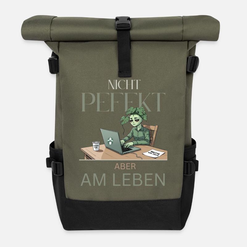 Perfekt am Leben – grün, müde, echt - Rolltop Rucksack - Olive/Schwarz