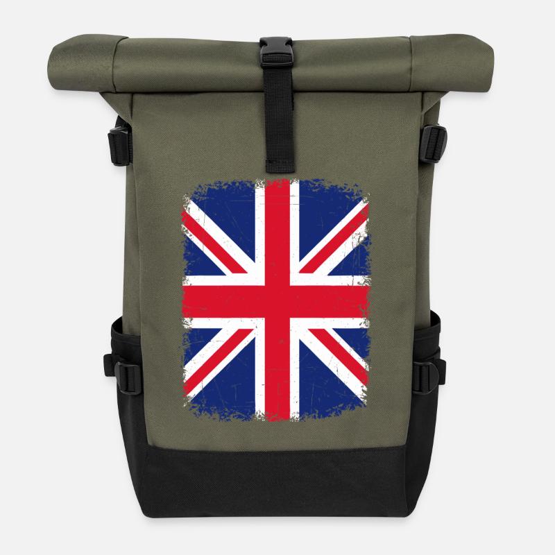 Distressed Union Jack Graphic - Roll Top Backpack - olive/black