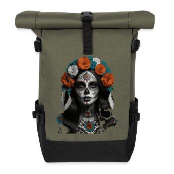 Zuckerschädel-Blütenkrone - Rolltop Rucksack - Olive/Schwarz - Vorne