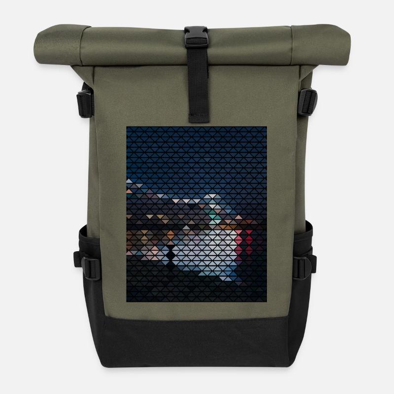 Geometric Sunset Dog Silhouette - Roll Top Backpack - olive/black