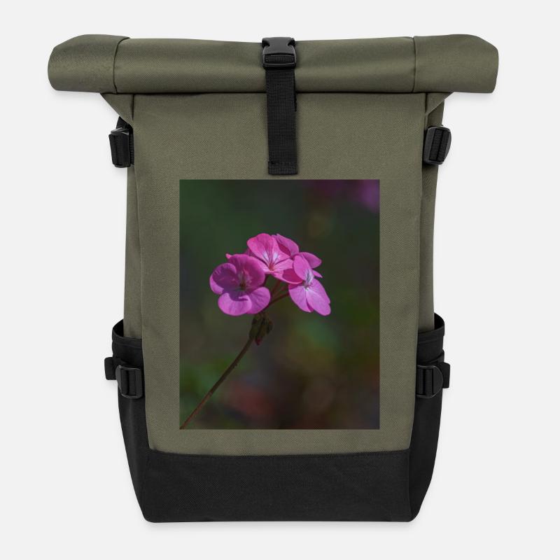 Pink Flowers - Roll Top Backpack - olive/black