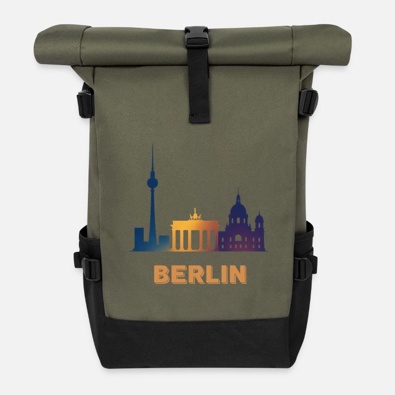 Berliner Skyline Farbverlauf - Rolltop Rucksack - Olive/Schwarz