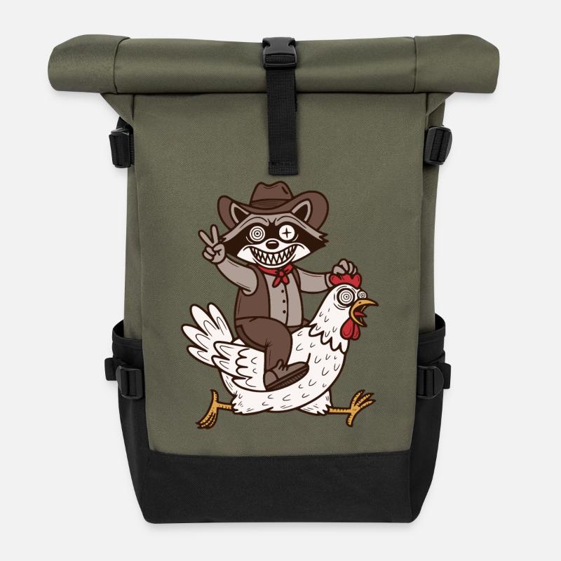 Crazy raccoon rides on crazy chicken - Roll Top Backpack - olive/black
