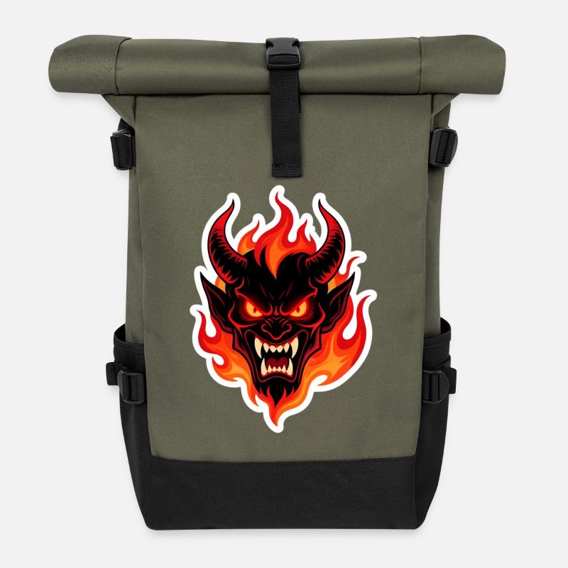 Fiery Demon Head - Roll Top Backpack - olive/black