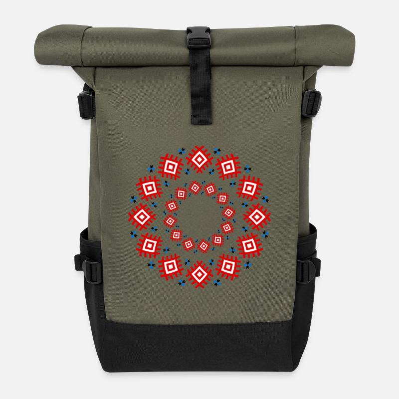 Ukrainisches Ethno-Ornament - Traditionelle rote u - Rolltop Rucksack - Olive/Schwarz