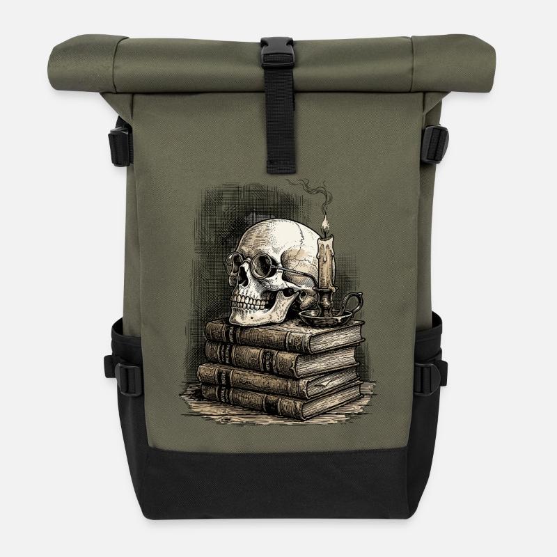 Dark Academia Skull & Books Vintage Gothic  - Roll Top Backpack - olive/black
