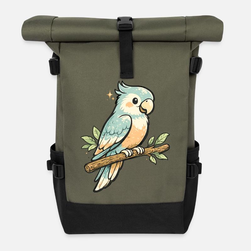Pastel parrot on branch - Roll Top Backpack - olive/black