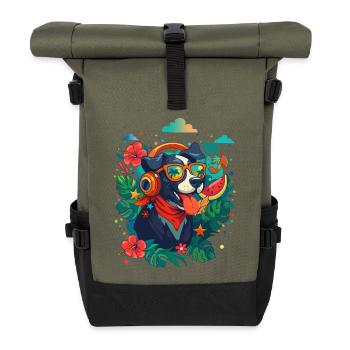 Party Dog in Headphones - Roll Top Backpack - olive/black - Front
