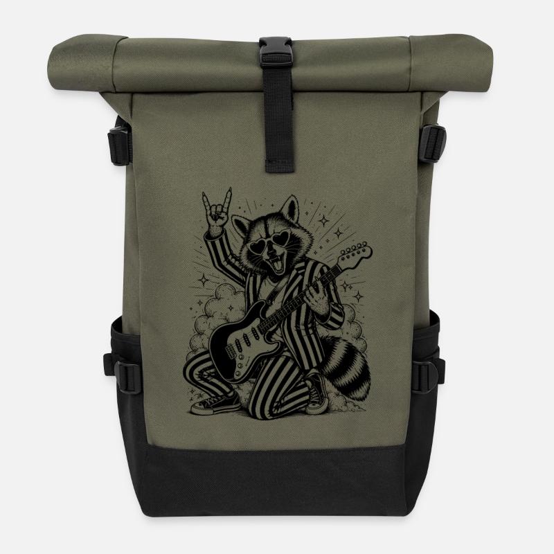 Raccoon with Guitar Motif - Roll Top Backpack - olive/black