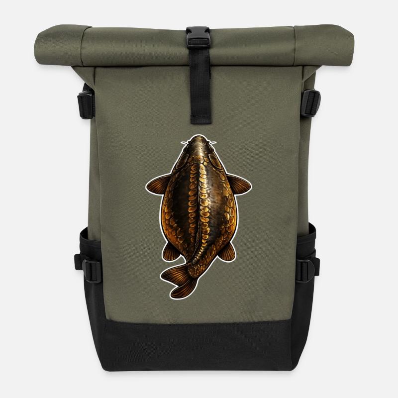 Top View Mirror Karpfen – Golden Scale Design - Rolltop Rucksack - Olive/Schwarz
