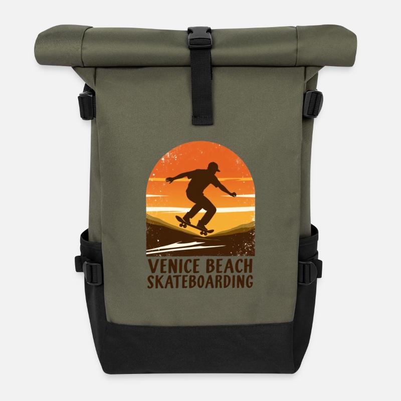 Venice Beach Sunset Skateboard - Roll Top Backpack - olive/black