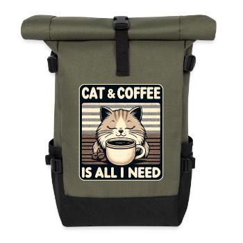 Katze und Kaffee ist alles was ich brauche - Rolltop Rucksack - Olive/Schwarz - Vorne