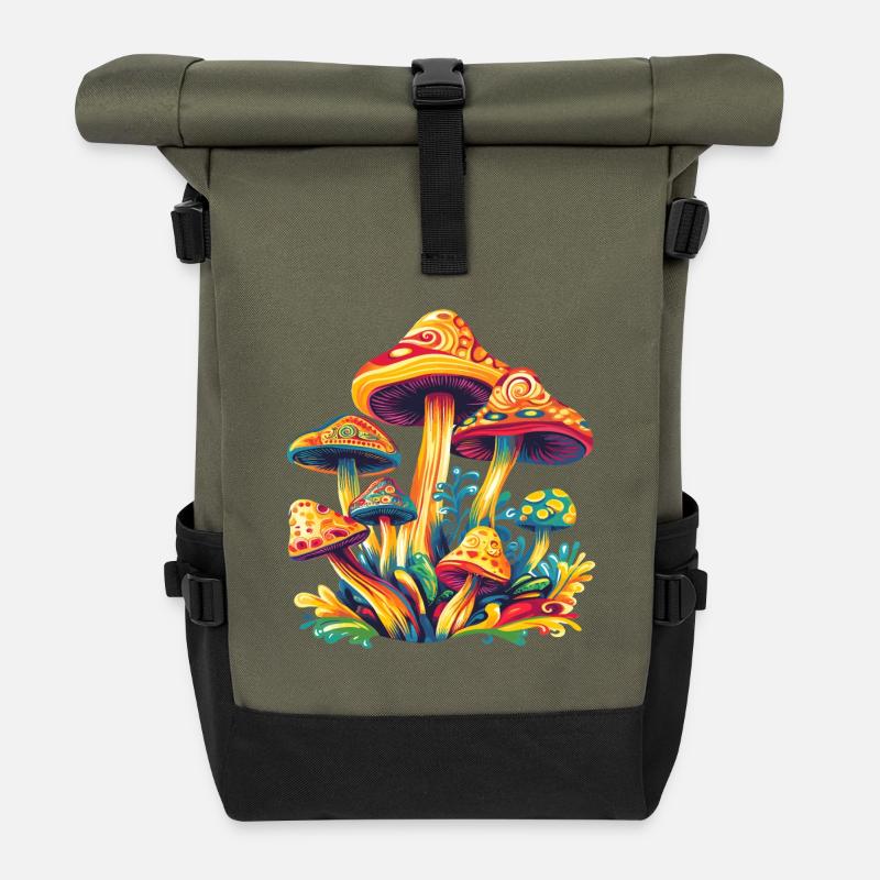 Bunte psychedelische Pilze - Rolltop Rucksack - Olive/Schwarz