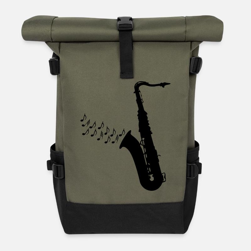 Saxofon mit Musiknoten - Rolltop Rucksack - Olive/Schwarz