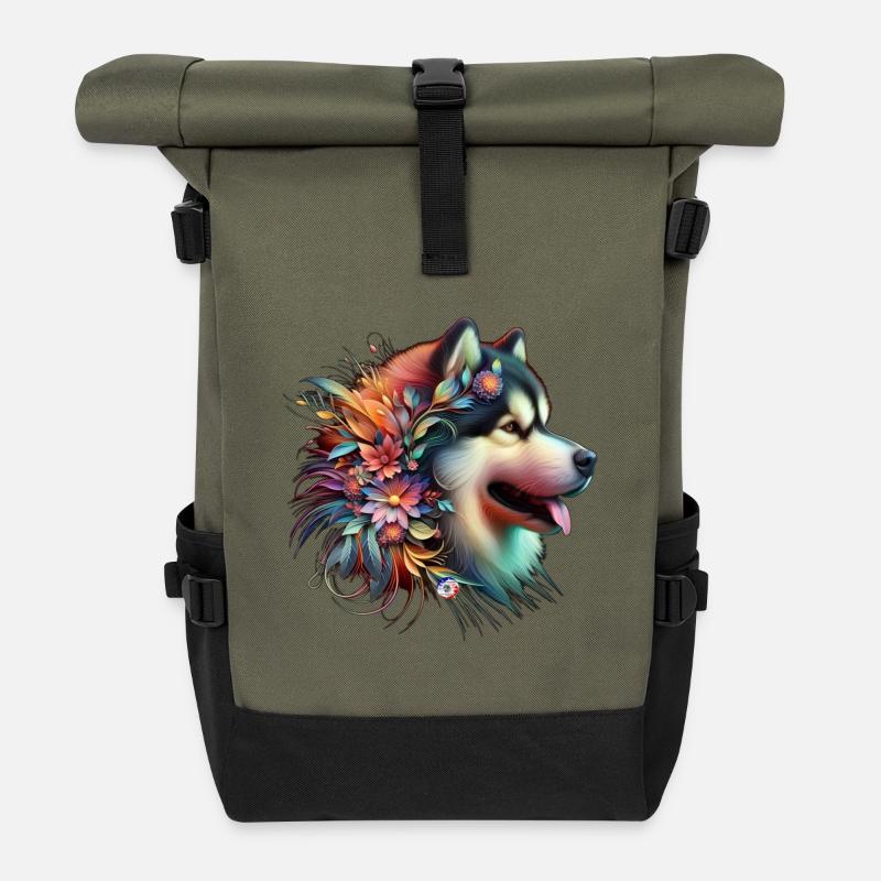 Blumiger Malamute-Kopf - Rolltop Rucksack - Olive/Schwarz