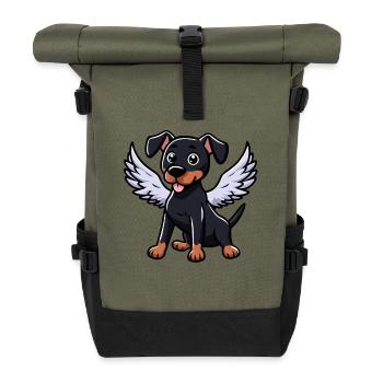 Engel Dobermann, Comic-Hund, Süße Illustration - Rolltop Rucksack - Olive/Schwarz - Vorne