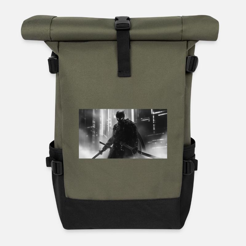 Urbaner Samurai im schwarzen Schatten - Rolltop Rucksack - Olive/Schwarz
