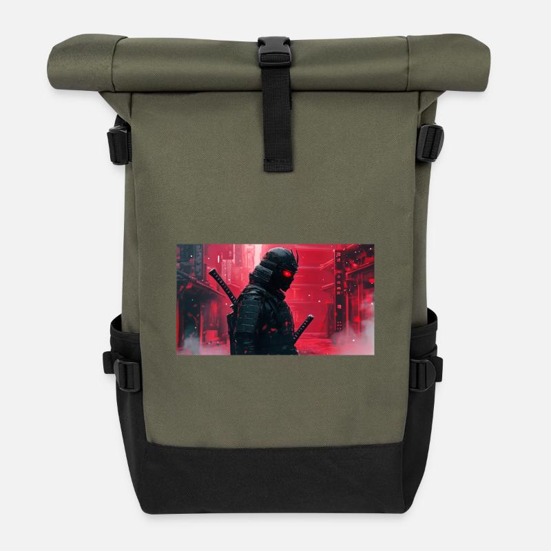 Schwarzer futuristischer Samurai - Rolltop Rucksack - Olive/Schwarz