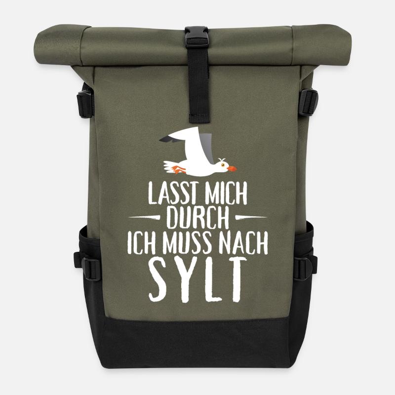 Lasst mich durch ich muss nach Sylt Möwe - Rolltop Rucksack - Olive/Schwarz