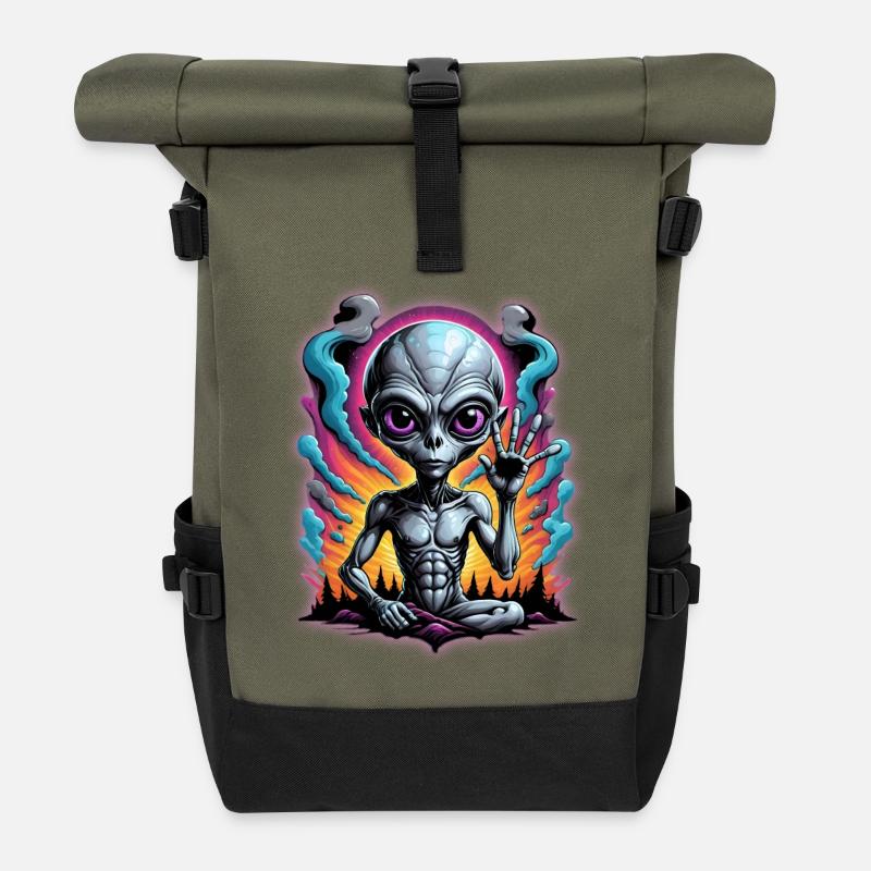 Kosmisches Außerirdisches Meditationskunstwerk - Rolltop Rucksack - Olive/Schwarz