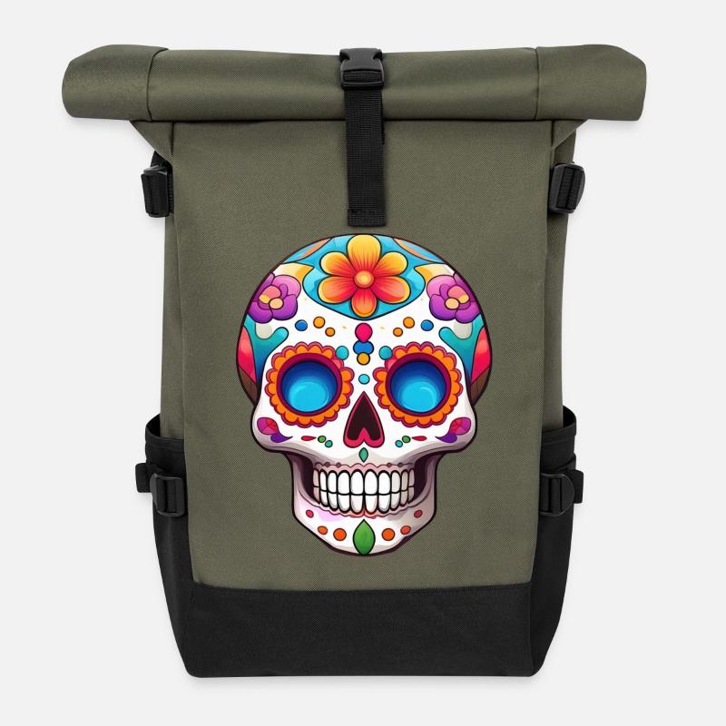 Vibrant Sugar Skull Floral Mexican - Roll Top Backpack - olive/black