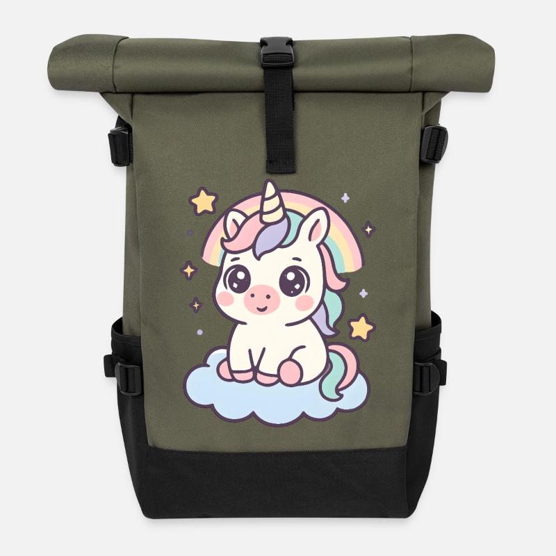 Kawaii Einhorn auf Wolke mit Regenbogen Sterne - Rolltop Rucksack - Olive/Schwarz