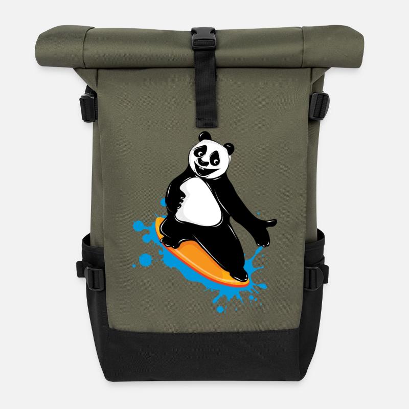 Surfender Panda Bär im Graffiti Stil - Rolltop Rucksack - Olive/Schwarz