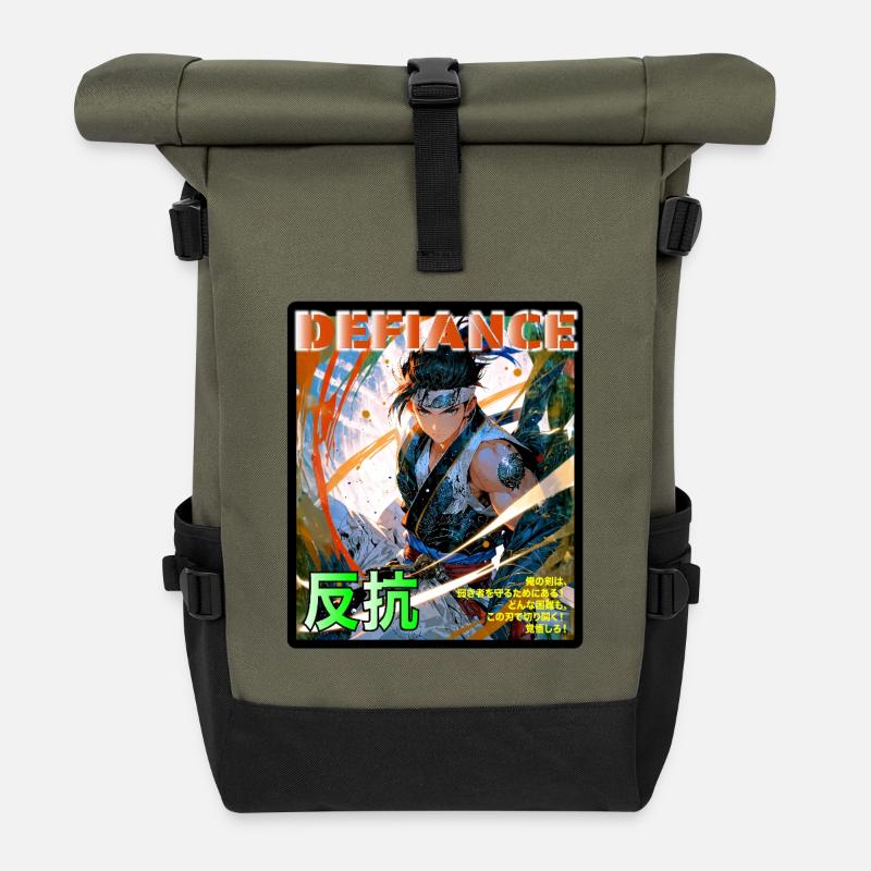 Fighting Spirit Samurai Illustration - Roll Top Backpack - olive/black