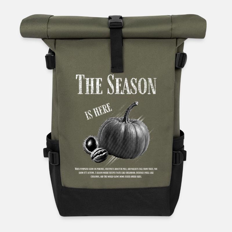 Herbstzeit Willkommen mit Kürbis und Nuss - Rolltop Rucksack - Olive/Schwarz
