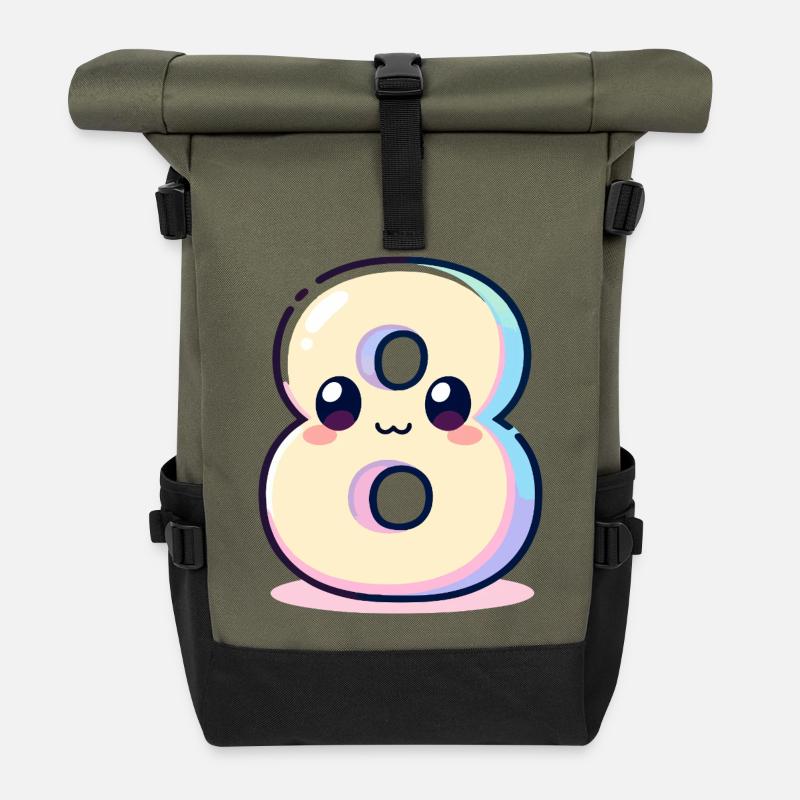 Number 8 Kawaii Rainbow - Roll Top Backpack - olive/black