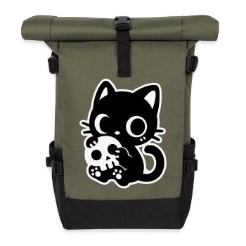 Süße Gruselkatze mit Totenkopf | Kawaii Spooky Mot - Rolltop Rucksack - Olive/Schwarz - Vorne
