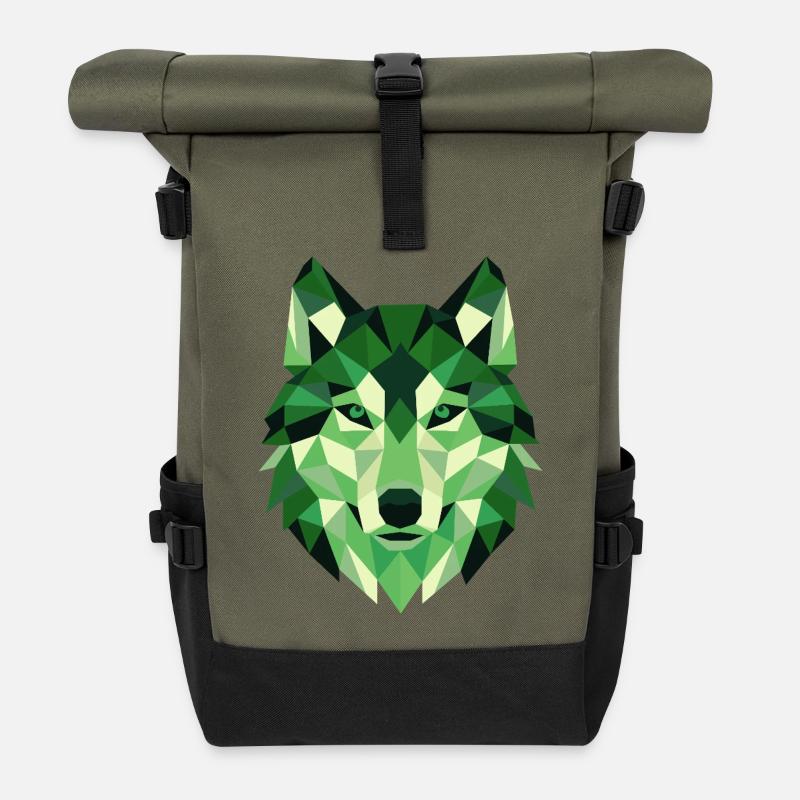Portrait géométrique du polygone Tête de Loup - Sac à dos roll top - olive/noir