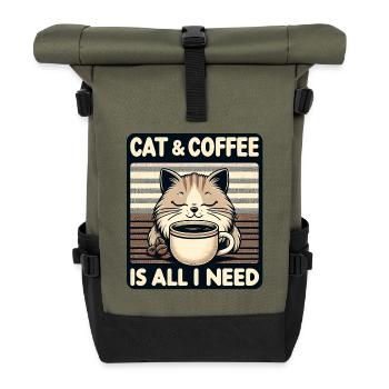 Katze und Kaffee ist alles was ich brauche - Rolltop Rucksack - Olive/Schwarz - Vorne