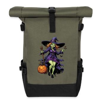 Halloween - Hexe mit Besen Grusel mit Kürbis - Rolltop Rucksack - Olive/Schwarz - Vorne