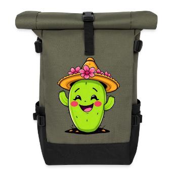 Fröhlicher Kaktus, der Sie in einem Sombrero begrüßt - Rolltop Rucksack - Olive/Schwarz - Vorne