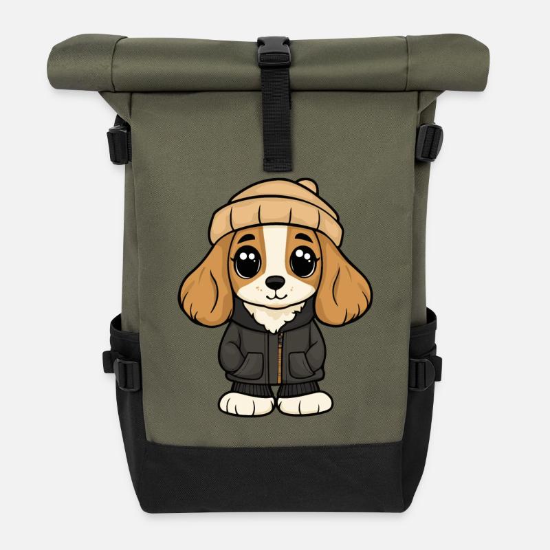 Cocker Spaniel Hund Cartoon - Rolltop Rucksack - Olive/Schwarz