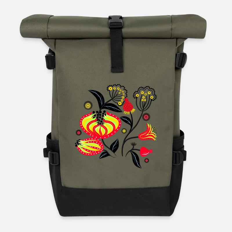 Painted flowers - Roll Top Backpack - olive/black