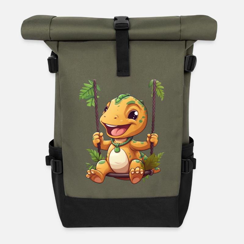 Dino T-Rex auf Schaukel, Verspieltes - Rolltop Rucksack - Olive/Schwarz