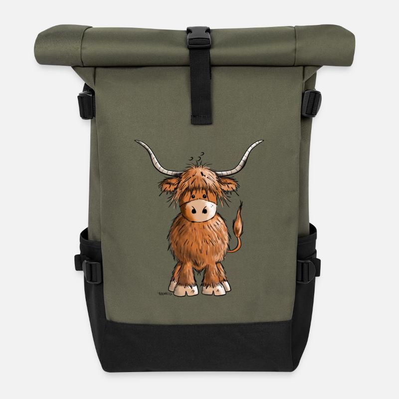 Scottish Highland Cattle - Roll Top Backpack - olive/black