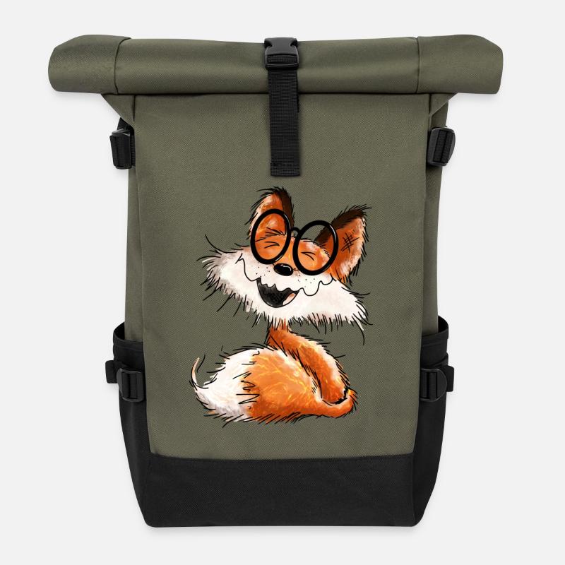 Niedlicher kleiner Schlaufuchs mit Brille - Fuchs - Rolltop Rucksack - Olive/Schwarz