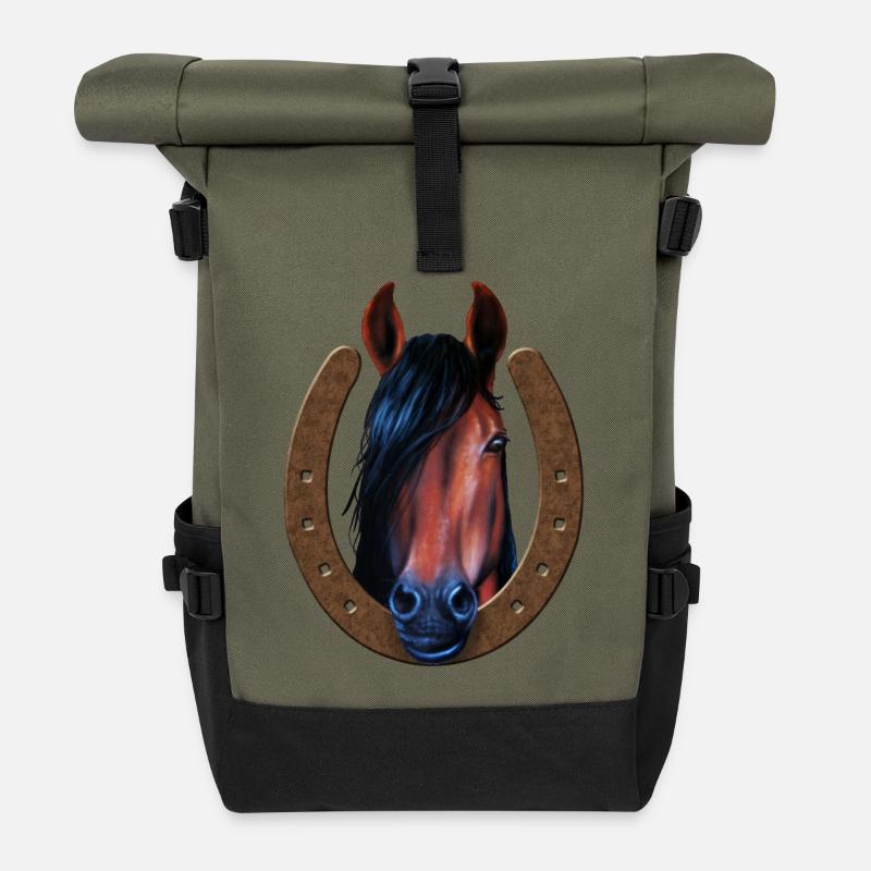 Horse in horseshoe - Roll Top Backpack - olive/black