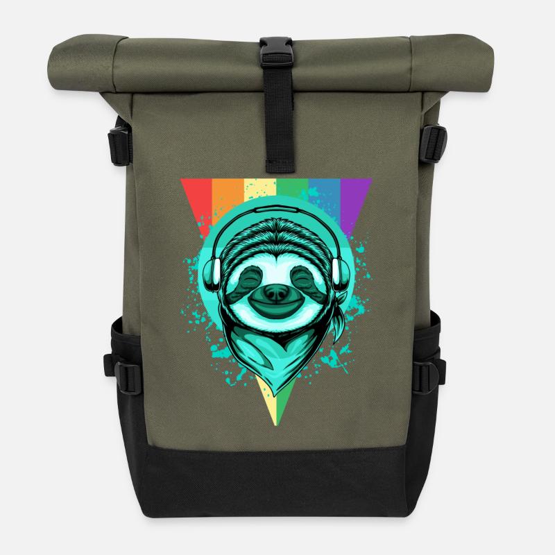 Faultier mit Kopfhörern & Regenbogen - Rolltop Rucksack - Olive/Schwarz