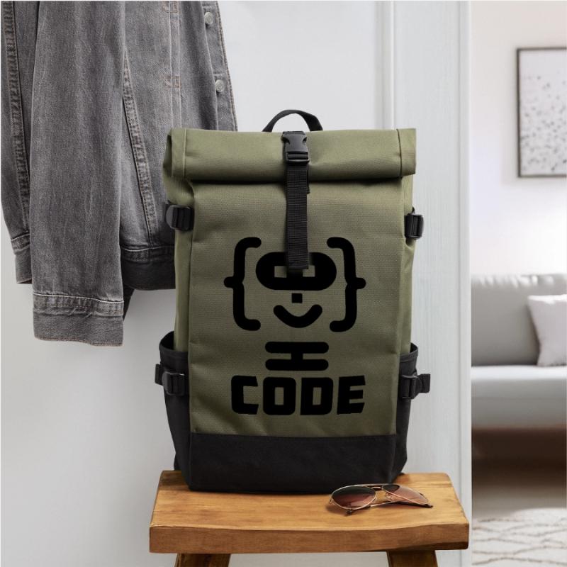Hacker programmer code logo with text CODE Roll Top Backpack