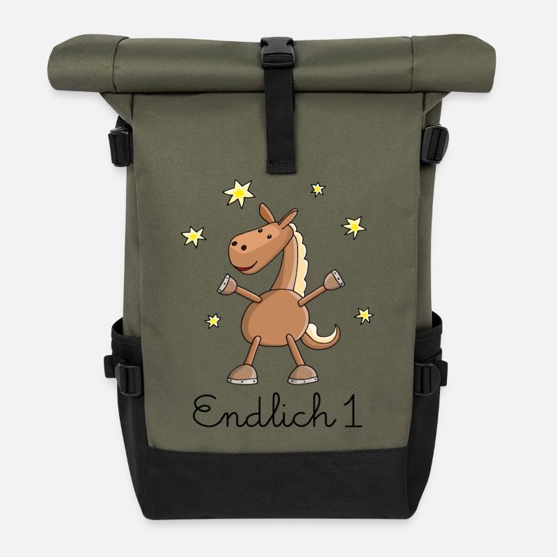 Pferd "Endlich 1." Erster Geburtstag - Rolltop Rucksack - Olive/Schwarz