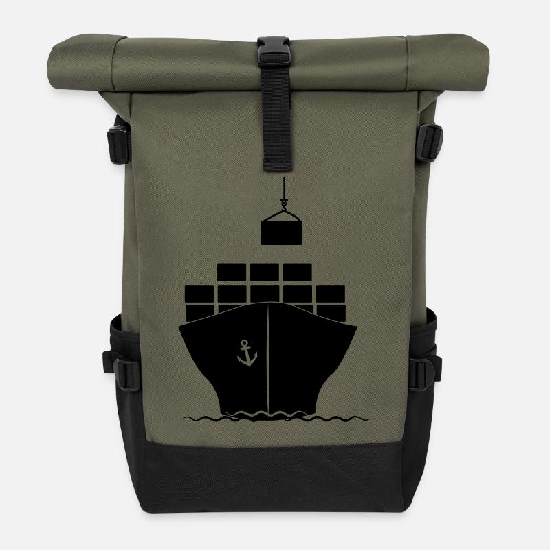 Seecontainerboot mit Kranbeladung - Rolltop Rucksack - Olive/Schwarz