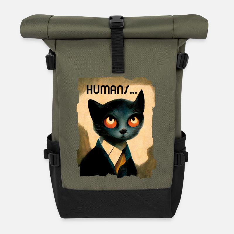 Portrait of a Cat Thinking About Humans - Roll Top Backpack - olive/black