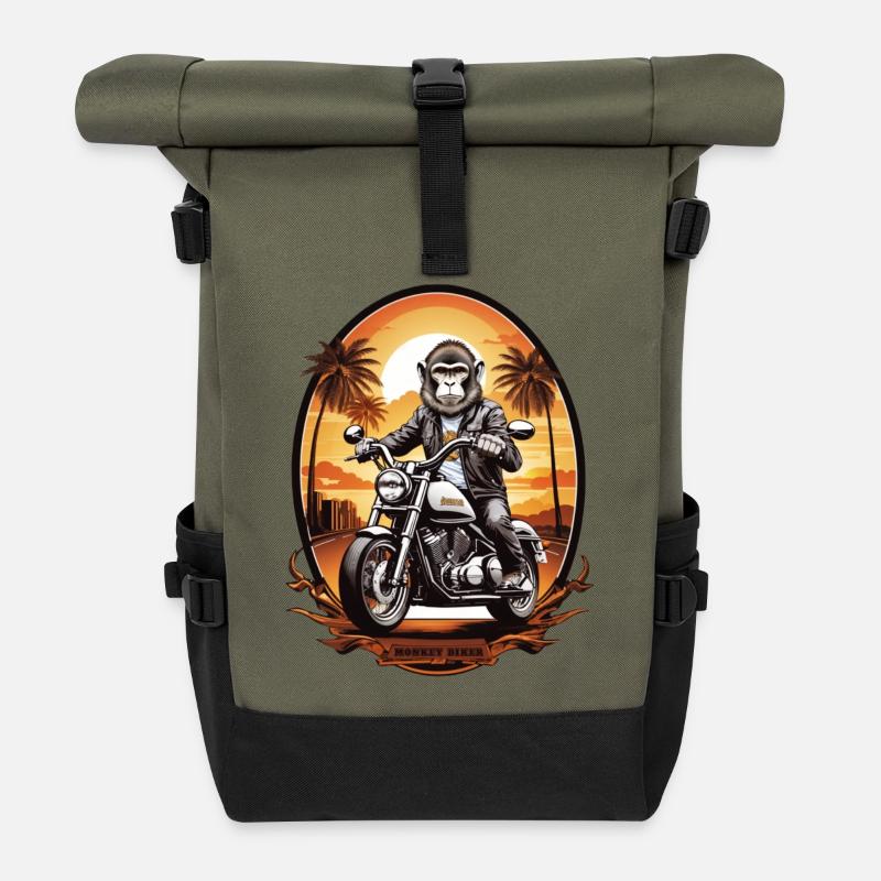 Affe auf Motorrad - Rolltop Rucksack - Olive/Schwarz